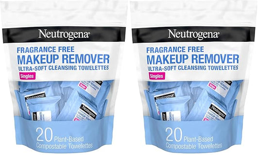 Neutrogena Fragrance-Free Makeup Remover Wipes Singles, Individually Wrapped Face Towelettes, Gently Remove Dirt, Oil, Waterproof Mascara & Makeup, Alcohol-Free Daily Face Wipes, 20 ct (Pack of 12)