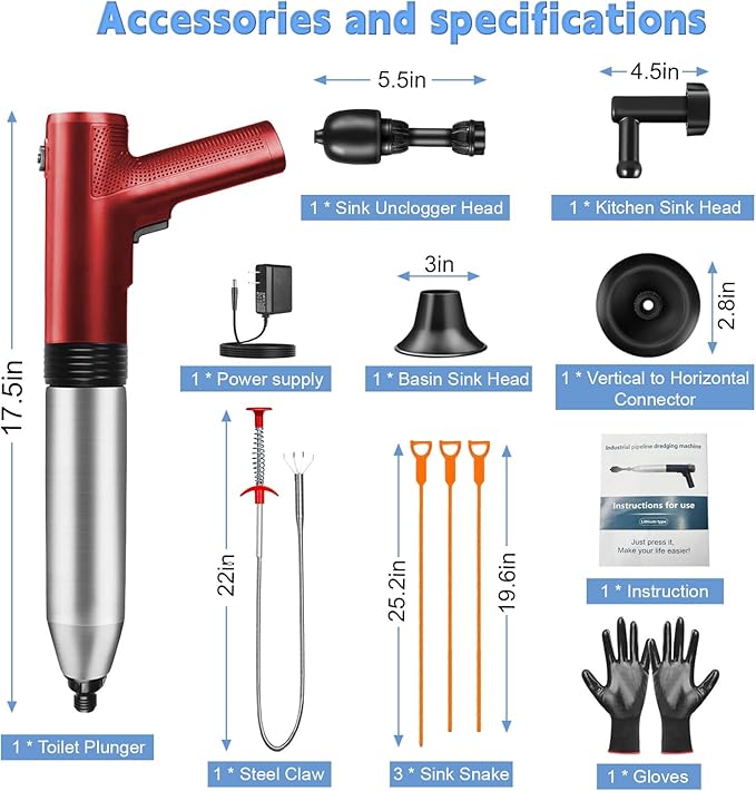 Electric Toilet Plunger with Real-time Barometer, Unclog in 1 Shot, High Pressure Toilet Plunger Drain Clog Remover Perfect for Bathroom, Floor, Shower, Kitchen Clogged (Red-Electric)