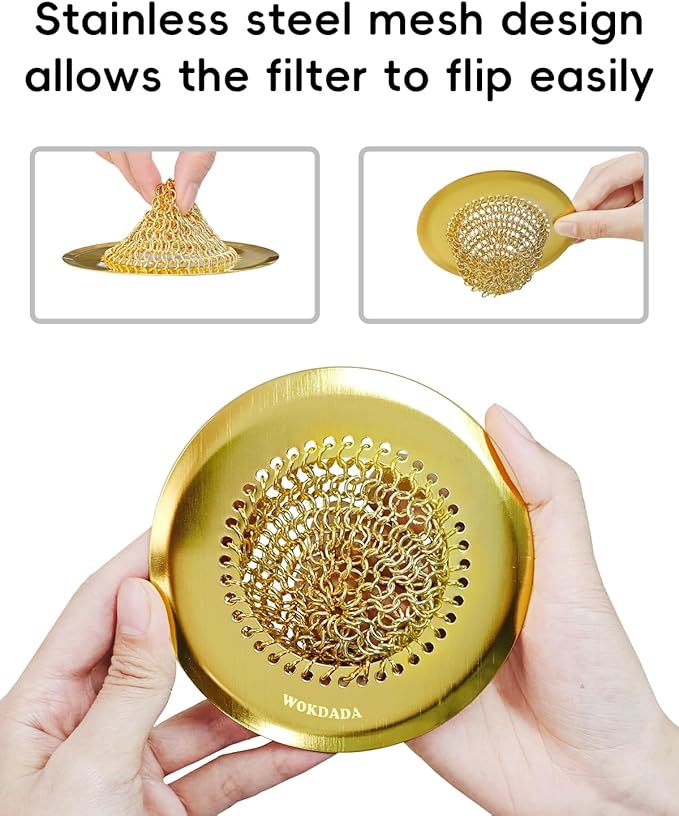 Gold Sink Strainer, Reversible Mesh Sink Strainer with 304 Stainless Steel, Revolutionary Anti-Rust Kitchen Sink Drain Strainer Food Catcher for Garbage Disposal Without Clogging