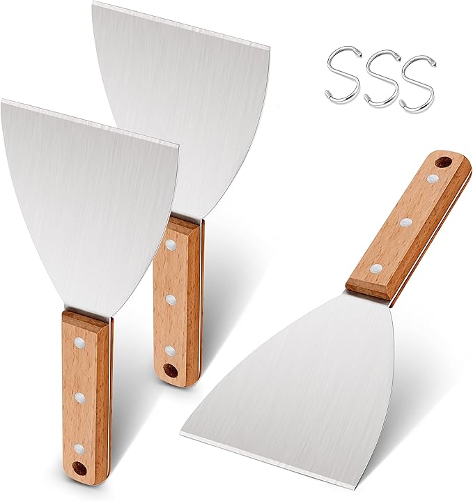 Grill Griddle Scraper Set of 3, Leonyo Stainless Steel Metal Flat Top Grill Scraper Tool for Teppanyaki BBQ Dough Pancake Pizza Home Baking Cooking, Wooden Grip
