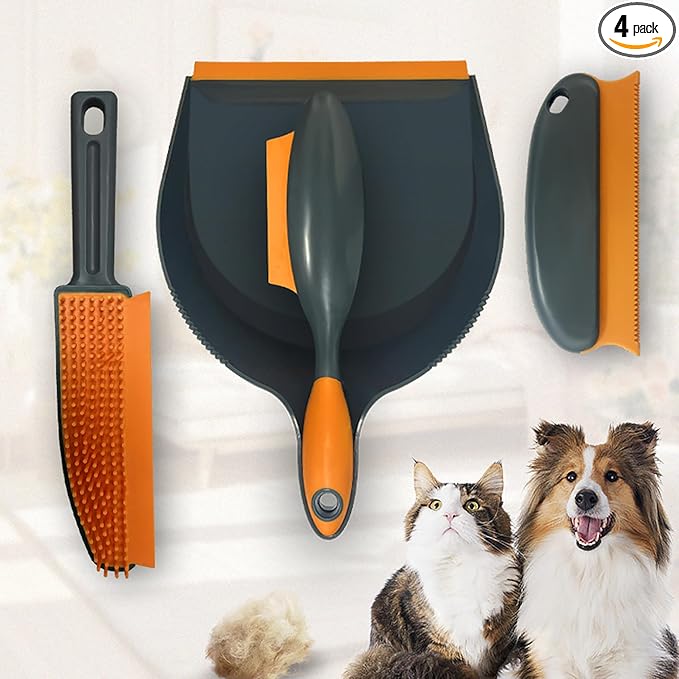 Paws & Co. Pet Hair Remover for Dogs Cats - 4-in-1 Cleaning Kit with Grooming Brush, Massage Comb & Dustpan - Fur Cleaner for Furniture, Carpet, Car, Sofa