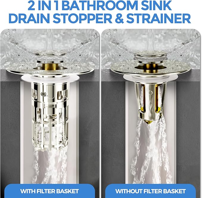 zaa Bathroom Sink Drain Strainer - Bathroom Sink Stopper, 2Pack Pop Up Sink Stopper with Removable Filter Strainer Basket for US Standard Bathroom Sink, Drain Plug Filter Replacement, Nickel