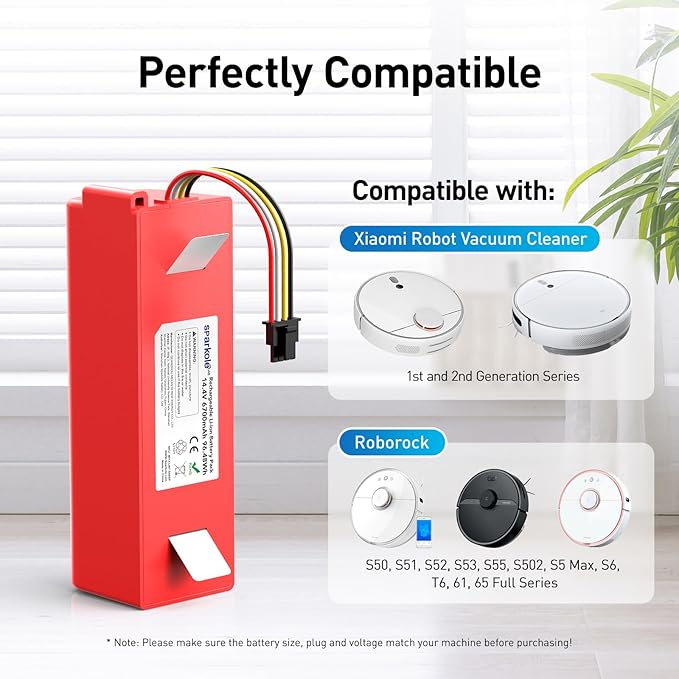 NASTIMA 14.4V 6700mAh 96.48Wh Rechargeable Battery Compatible with Xiaomi Roborock S50 S51 S52 S53 S55 S502 S5 Max S6; T6 61 65 Full Series, Mijia 1st and 2nd Generation Replacement Battery with BMS