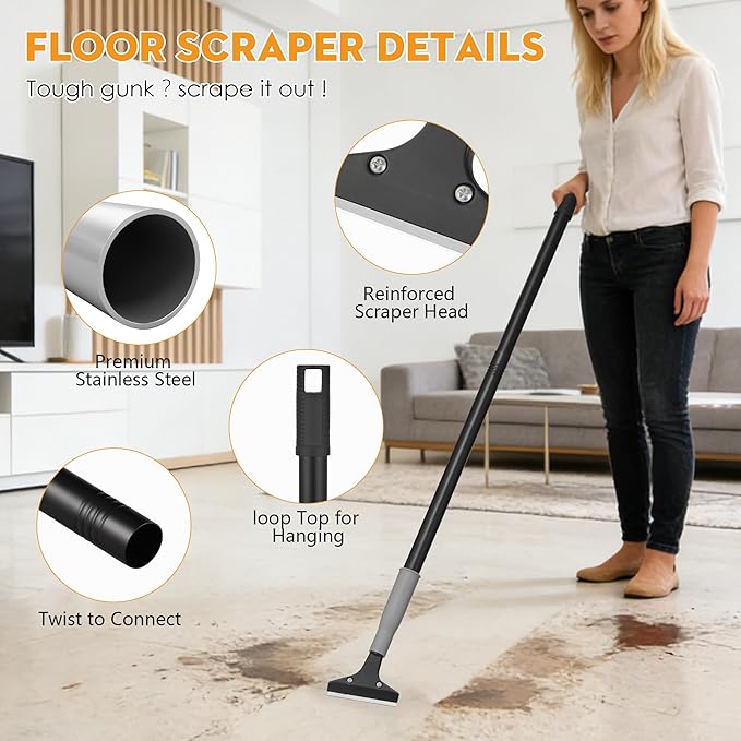 Heavy Duty 4-inch Razor Blade Floor Scraper, 50 Inch Long-Handle, Cleaning Glass Wall Scraper, with 10 Blades, Painting stripping tools, Tile, Floors, Walls