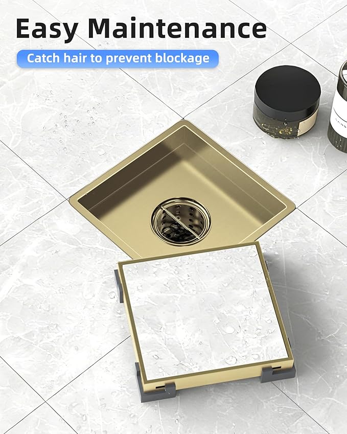 4 Inch Gold Shower Drain, Modern 2-in-1 Tiled Shower Drain - 304 Stainless Steel Square Shower Floor Drain for Bathroom, Brushed Gold Drain Shower with Tile Insert Grate Removable, Hair Strainer