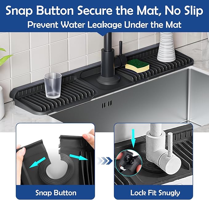 24"Longer Silicone Faucet Mat For Kitchen Sink Splash Guard -7° Slope Snap Lock- Sink Faucet Mat Splash Guard Kitchen Sink Area Silicone Sink Water Splash Guard Behind Faucet (Black, 24"x5.5")