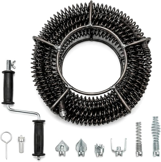 Drain Cleaning Cable, 50 Ft x 5/8" Professional Auger Drain Snake with 6 Cutters Crank Handle for 0.8" to 3.9" Pipes, for Toilet Sewer Shower Kitchen Bathroom Tub Clogged Drains