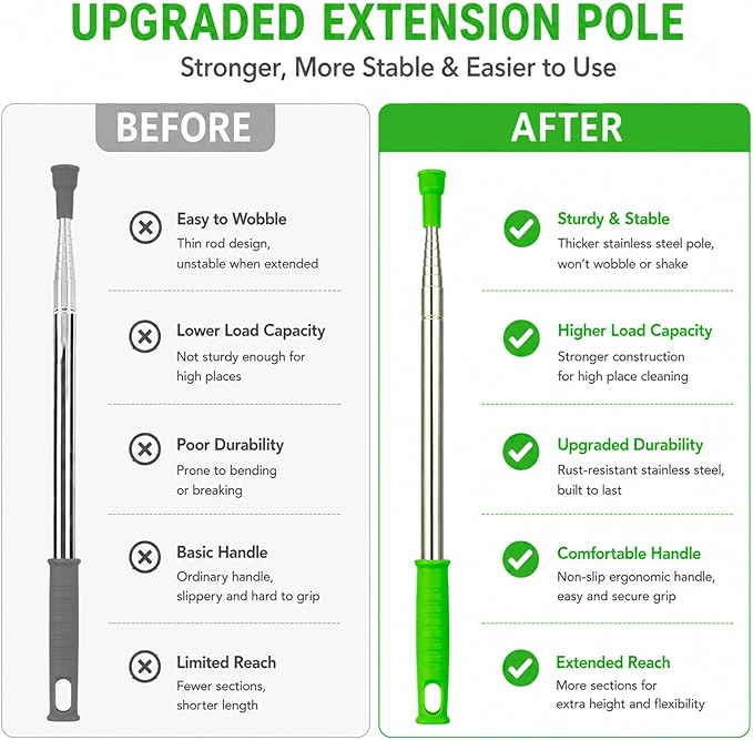 Duster for Cleaning High Ceiling Fan (Green), AzunMicrofiber Feather Duster with 30" to 100" TelescopingExtension Pole, Long Extendable Duster for Home CarFurniture Cobweb