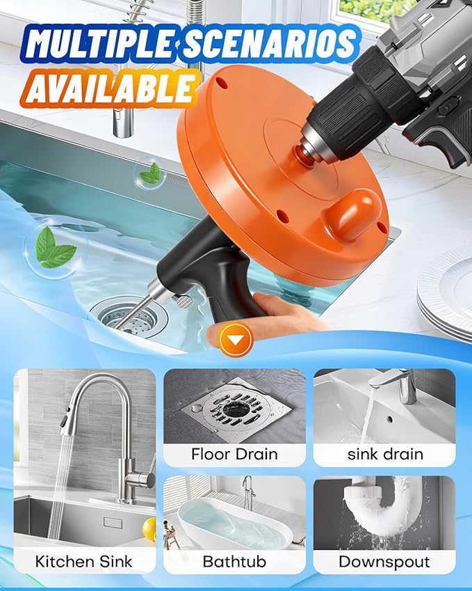 Drain Auger, Plumbing Snake with Drill Adapter, 25 ft Flexible Drain Snake Clog Removal Tool Use Manually or Powered for Kitchen Bathroom Shower Sink, Come with Gloves and Cloth Bag