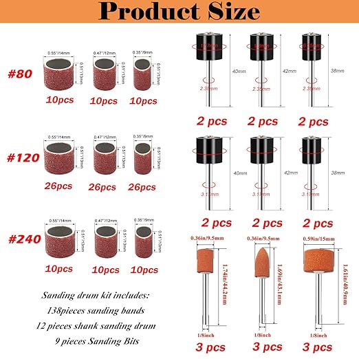 Sanding Drum Set for Most Rotary Tools-Includes 138 Aluminum Oxide Drum Sander Sanding Sleeves (80,120,240 Grit),12 Drum Mandrels and 9 Sanding Bits,Sanding Bits Tool Accessories with Box