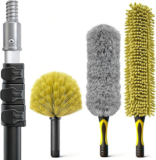 4-12Ft Telescoping Extension Pole Kit, 4-in-1 High Reach Duster with Chenille Microfiber Feather & Cobweb Duster Attachments for Ceiling Wall Hard-to-Reach Indoor & Outdoor Cleaning Yellow