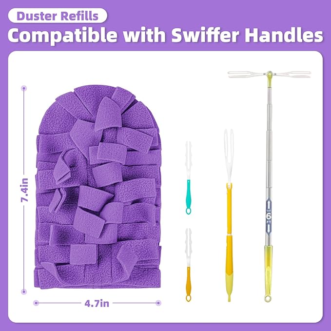 6 PCS Fleece Reusable Duster Refills for Swiffer, Washable Heavy Duty Duster Pads, 360 Cleaning Pads for Fan, Window, Furniture, Floor(Include 1 Handle)