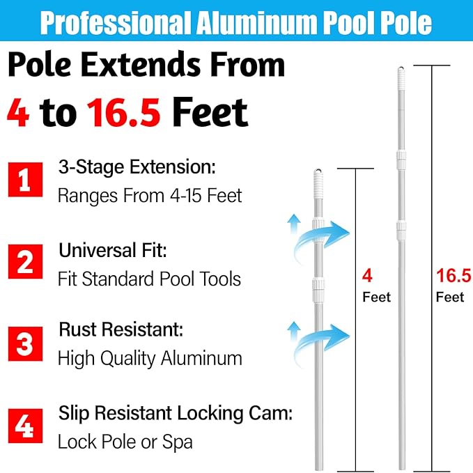YEECHUN Professional 16.5 Foot Swimming Pool Pole Telescopic Heavy Duty Aluminum, Adjustable Length 6.5 to 16.5 Feet, Universal Pole for Skimmer Net Rake, Hooks, Vacuum Heads and Brushes