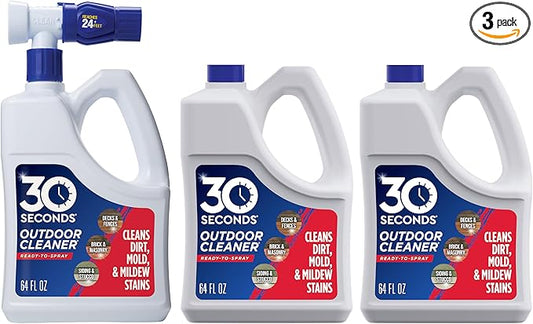 30 Seconds Outdoor Cleaner | Cleans Moss & Algae Stains from House, Vinyl Siding, Deck, Patio, Fence - 3 Capped Bottles, 1 Hose End Spray Attachment (64 Fl Oz (Pack of 3)