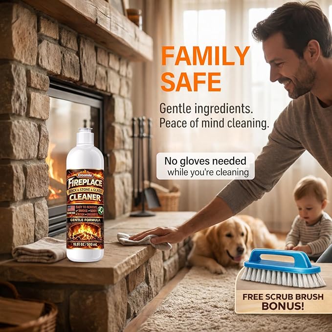 Fireplace Cleaning Set Fireplace Soot Remover with Scrub Brush for Brick, Stone, Rock, Tile, and Marble – Nonabrasive Brick Cleaner, Gentle Formula for Bricks & Glass Indoor and Outdoor -16 oz