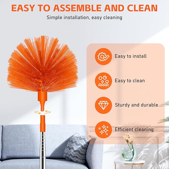 SetSail Cobweb Duster with Extension Pole, Retractable Dusters for Cobweb Cleaning 81-inch Long Handle Spider Web Brush for Outdoor Indoor High Ceilings Fan, Orange