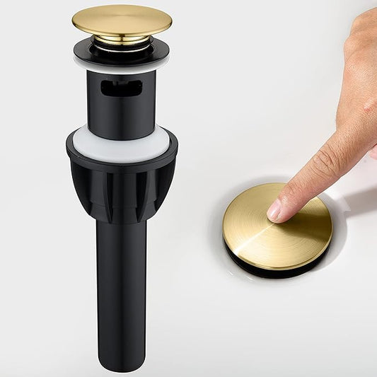 Pop up Bahtroom Sink Drain with Overflow, Brushed Gold Vessel Sink Drain for Bathroom Assembly, Anti Clogging Bathroom Sink Stopper, Suit for 1 3/4 Hole