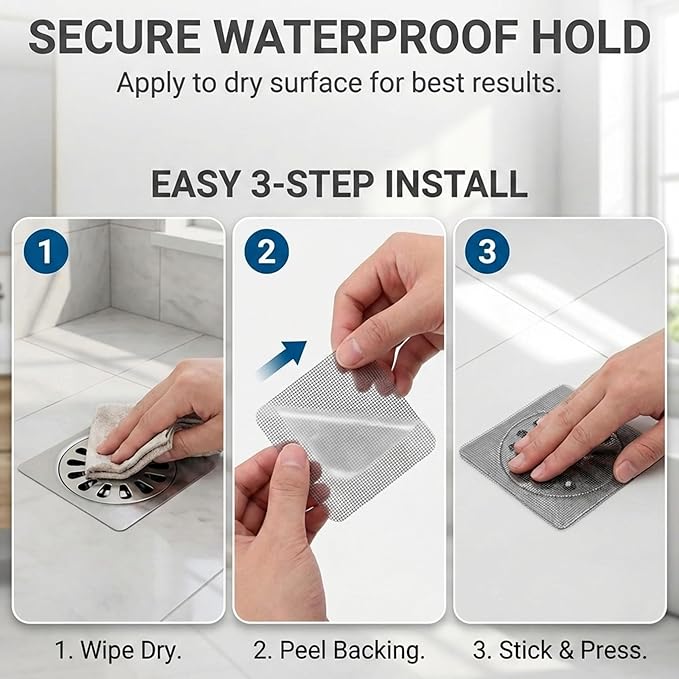 50 Pack Square Disposable Shower Drain Hair Catcher Stickers - Waterproof Drain Covers for Bathroom Floor, Sink & Bathtub, Easy-Peel Drain Hair Trap for Clog Prevention & Hygiene