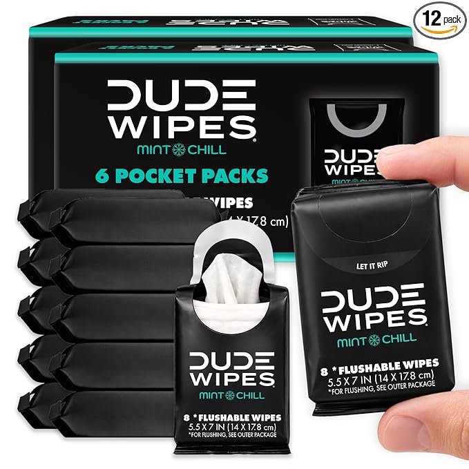 DUDE Wipes Mint Chill Pocket Packs - Travel Wipes - 12 Packs of 8 (96 Count) - On-The-Go Adult Flushable Wipes - Infused with Tea Tree Oil, Vitamin E, and Aloe - Septic and Sewer Safe