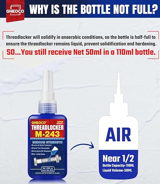 ThreadLocker Blue, Thread Lock Medium Strength Lock Tight for Nuts, Bolts, Fasteners and Metals, Anaerobic Curing Metal Glue to Prevent Loosening and Corrosion (M243-50ml)