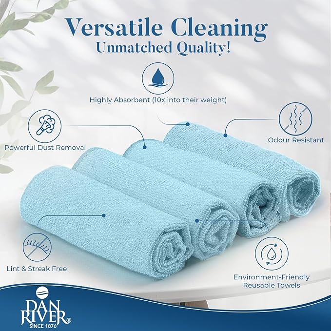 DAN RIVER 24-Pack Blue Microfiber Towels – Ultra Absorbent, Lint-Free & Streak-Free wash Cloths Kitchen for Home & Car - Must-Have Cleaning Essentials - 12" x 12"