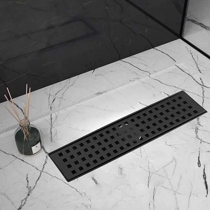 12 Inch Linear Shower Drain Matte Black, Rectangular Shower Floor Drain Kit 304 Stainless Steel, Removable Grid Grate, Hair Catcher, Leveling Feet