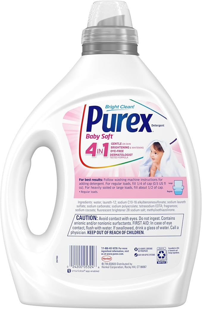 Purex Baby Soft Liquid Laundry Detergent, Ultra Concentrated, 82.5 fl oz, 165 Loads, Hypoallergenic, Dye Free, Gentle on Skin