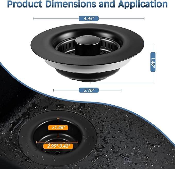 Kitchen Sink Drain Strainer 3 in 1, 304 Stainless Steel Pop Up Sink Stopper, Anti-Clogging Sink Drain Strainer for US Standard Kitchen Drain (Matte Black)