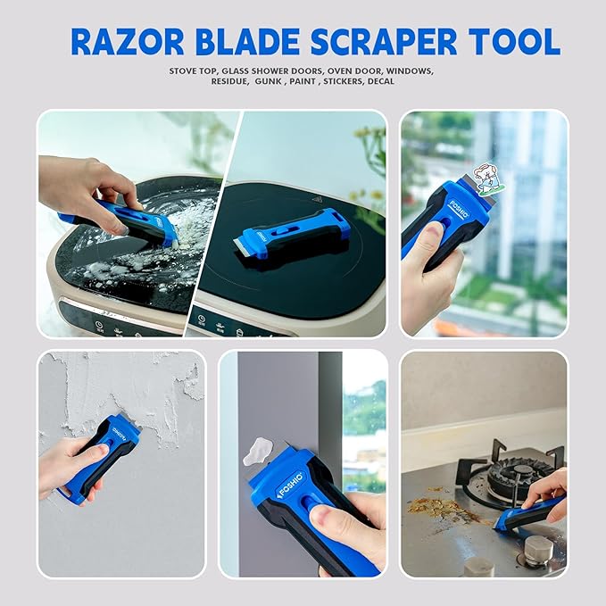 FOSHIO Razor Blade Scraper Tool with 20pcs Extra Stainless Steel Blades, Plastic Scraper for Glass Top Stove, Oven Door, Cooktop, Window, Glass Shower Doors, Remove Food Residue, Paint, Sticker