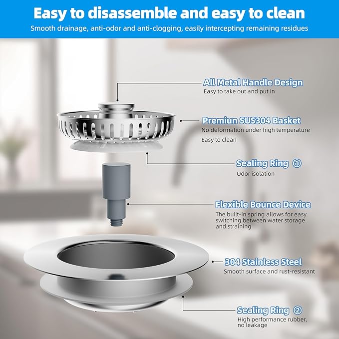 Hibbent All Metal Stainless Steel 3 in 1 Kitchen Sink Drain Strainer and Stopper Combo, Upgraded Sink Stopper, Anti-Clogging Stainless Steel Basket Strainer with Handle for US Standard 3-1/2" Drain