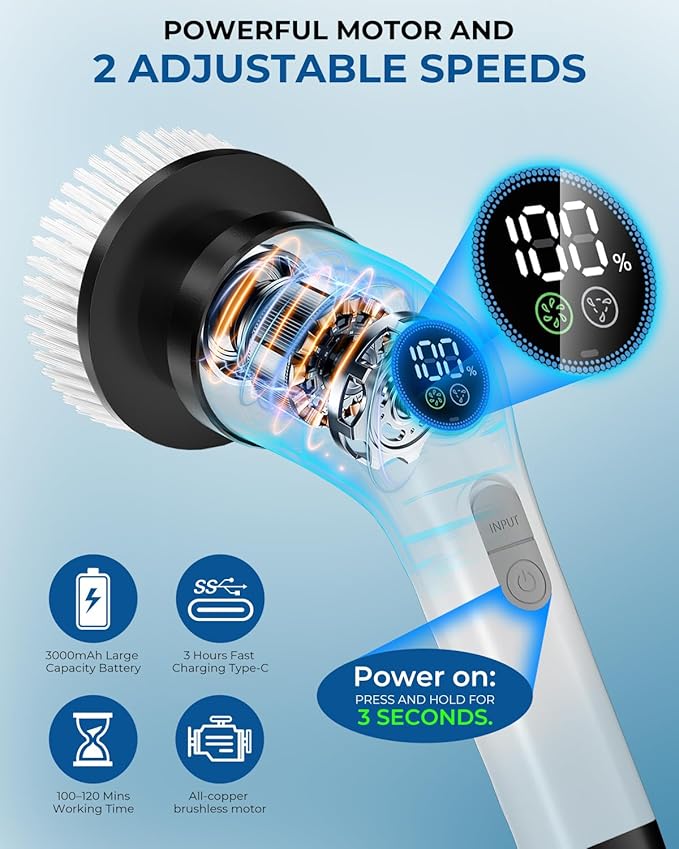 Electric Spin Scrubber, Rechargeable with Upgraded Battery & Extended Runtime, IPX7 Cleaning Brush, 3000mAh Battery 7 Brush Heads 2-Speed Adjustable Long Handle for Bathroom & Tile Floor Cleaning