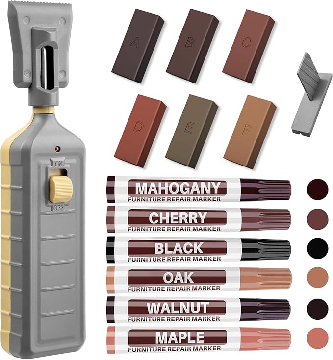 Laminate Floor Repair Kit with Heat Pen, 6 Colors Linoleum Repair Kit Floor Hard Wax Furniture Touch Up Marker Scratch Repair Restore Scratch, Crack, Stain, Hole for Wood Floor Door,Cabinet,Table.