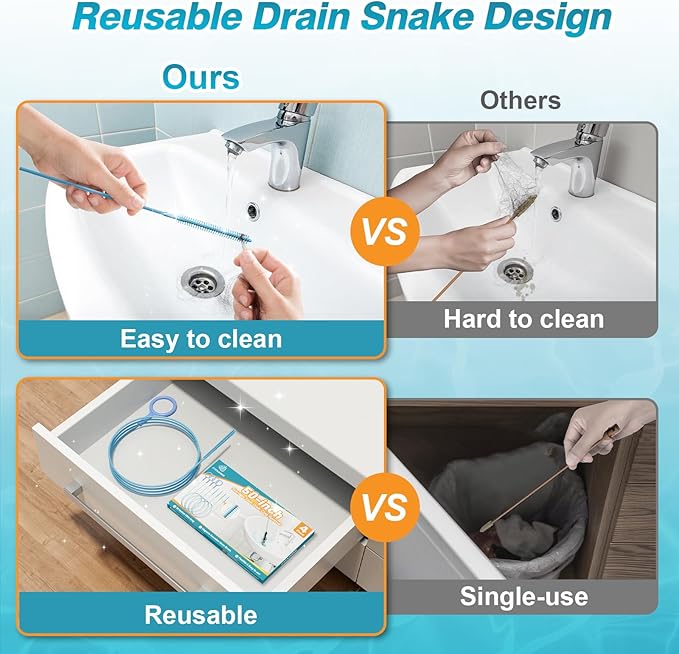 4 Pack Snake Drain Hair Removal Tool, Reusable Drain Snake Hair Drain Clog Remover Tool, 50 Inch Anti-break Steel Shower Drain Snake for Bathtub, Bathroom Sink Drain Unclog