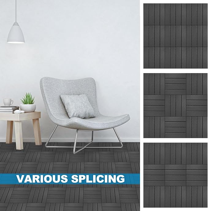 ToLanbbt Plastic Interlocking Deck Tiles 9 Pack 12"x12" Waterproof Indoor Outdoor Composite Patio Flooring Decking Tiles All Weather Use for Patio Porch Balcony Backyard Poolside, Dark Grey