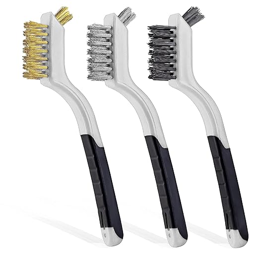 Wire Brush Set 3Pcs - Nylon/Brass/Stainless Steel Bristles with Curved Handle Grip for Rust, Dirt & Paint Scrubbing with Deep Cleaning – 7 Inches (Grey)