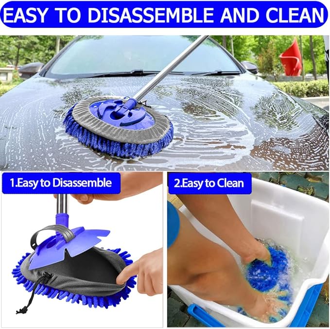 47.5" Car Wash Brush Mop Cleaning Tool with Long Handle Kit for Washing Detailing Cars Truck, SUV, RV, Trailer, Boat 2 in 1 Chenille Microfiber Sponge Duster Not Hurt Paint Scratch Free