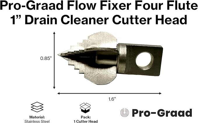 1” Spear 4 Flute Flow Fixer Drain Cleaner Plumbing Snake Cutter Head for 1-1/4” – 2” Pipes, Clears & Scrapes Inner Walls, Fits 3/8” 1/2" or 9/16” Cables, Commercial & Residential Use