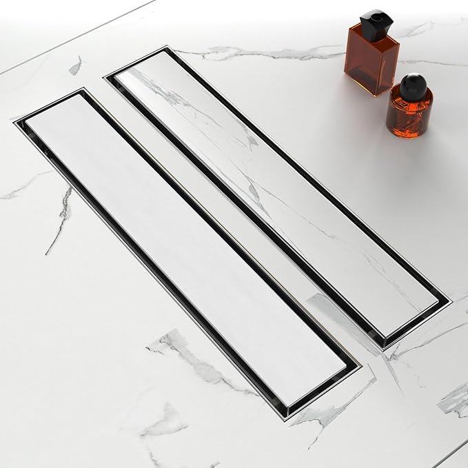 18-Inch Linear Shower Drain with Tile Insert Grate, SUS 304 Stainless Steel Linear Drain, Brushed Nickel Long Rectangle Shower Floor Drain with Leveling Feet, Hair Strainer, Fits Bathroom
