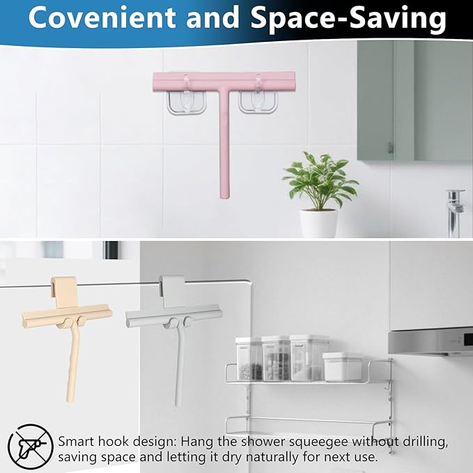 Shower Squeegee for Glass Doors, Full Silicone Jacketed Squeegee with Ergonomic Handle & No-Drill Hook, Cleaning Tool for Windows, Mirrors, Tiles, Bathroom & Car - White