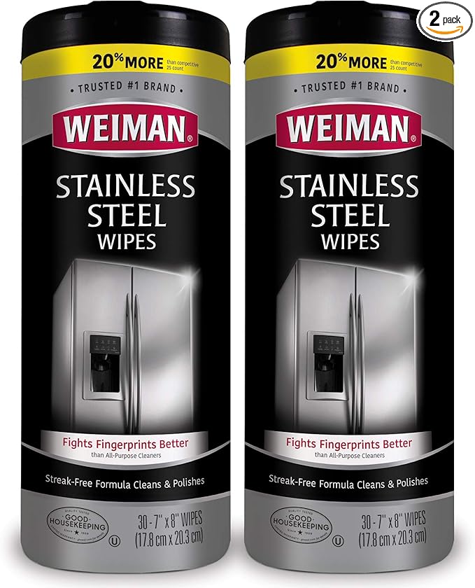 Weiman Stainless Steel Cleaning Wipes [2 Pack] Removes Fingerprints, Residue, Water Marks and Grease From Appliances - Works Great on Refrigerators, Dishwashers, Ovens, Grills and More