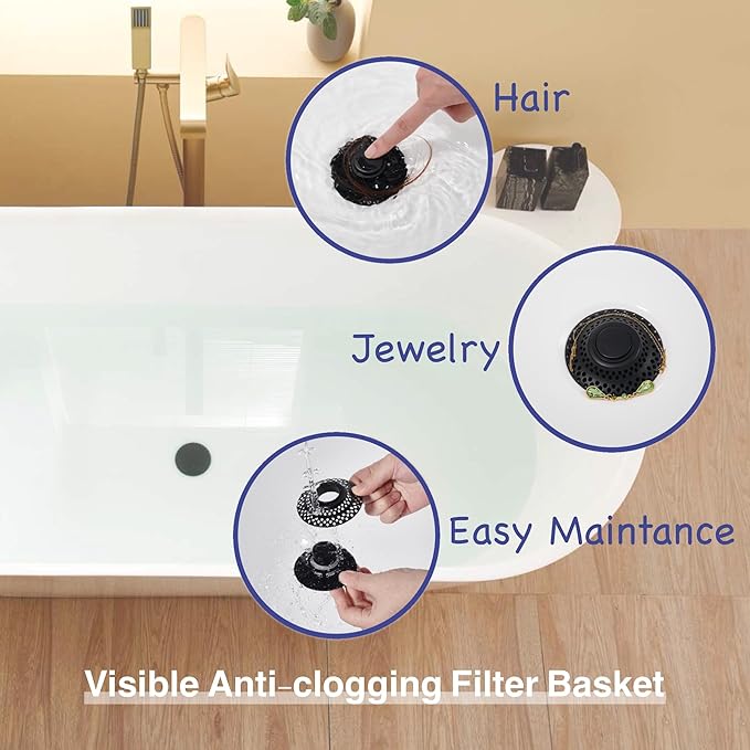2 Pack Universal Bathtub Drain Stopper with Removable Hair Catcher, 3-in-1 Pop-up Drain Plug Fits 1.38 to 2.1 Inch Holes, Upgrade Shower Drain Cover with Stainless Steel Filter