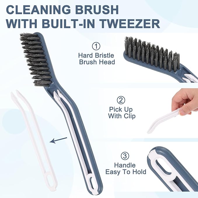 uxcell Crevice Cleaning Brush with Tweezer, Hard Bristle Gap Brush for Tidying Narrow Space, Deep Cleaning Supplies for Kitchen Sink, Toilet, Bathroom, Bathtub, Home, Window, Blue 2Pcs