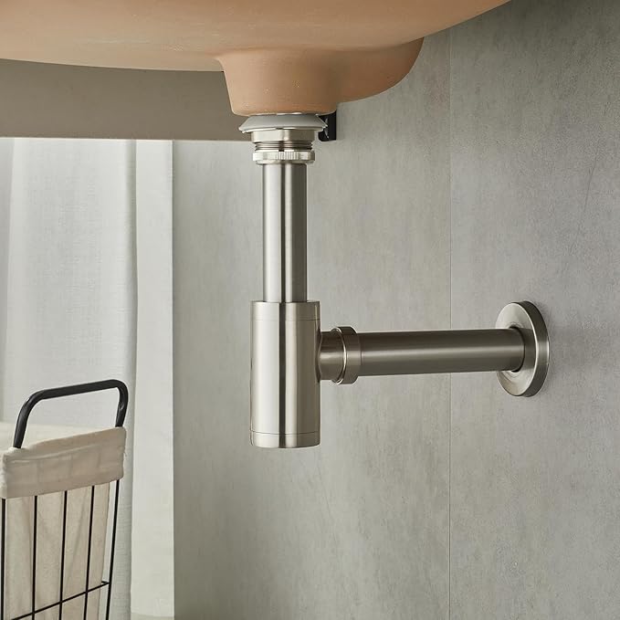 Solid Brass Bathroom Sink P-Trap Complete Set, Adjustable 1-1/4 Bottle Trap with Pop Up Drain Stopper Without Overflow, Brushed Nickel