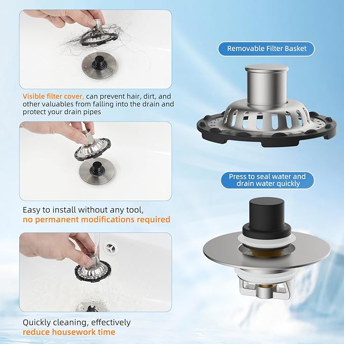 2PACK Universal Bathtub Drain Stopper Shower Hair Catcher Bathroom Sink Strainer, Tub Stopper with Visible Top Strainer, Brass Metal 3 in 1 Stopper for Standard 1.1''~2.36'' Hole, Brushed Nickel