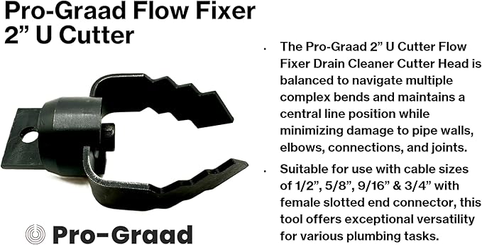 2” U Cutter Flow Fixer Drain Cleaner Plumbing Snake Head, for Cutting & Scraping, Fits 1/2" 9/16" 5/8" 3/4" Cables, Commercial & Residential Use