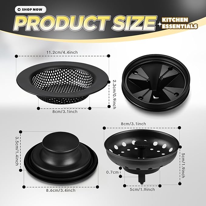 4 Pcs Matte Black Kitchen Sink Accessories Garbage Disposal Splash Guards 3.4'' Sink Drain Strainer and Stopper Stainless Steel Garbage Disposal Plug for Kitchen Drain Strainer
