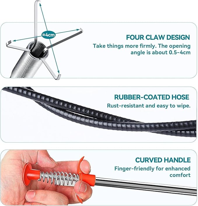 Drain Snake 76Inch, Unclog Drain Tool for Bathroom Sink, Shower, Bathtub, Car & Tight Spaces,Flexible Sink Snake Drain Cleaner Tool Set, Sink Declogger, Hair Puller from Drain