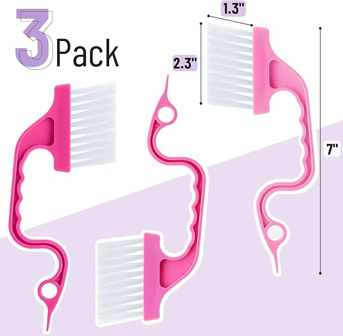 Slick- Window Track Cleaning Brush, 3 Pack, Shades of Pink, Ergonomic Handle, Built-in Scraper, Multipurpose Window Track Cleaning Tools for Faucets, Shower Heads and Drains
