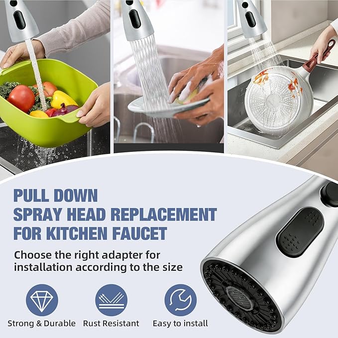 Kitchen Faucet Head Replacement, 3-Function Pull Down Spray Head with 9 Adapters, Sink Faucet Spray Head Compatible with Moen, Delta, American Standard Faucet, etc, Chrome