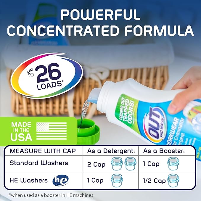 OUT ProWash Workwear Stain Remover Laundry Detergent and Odor Eliminator, Great for Work Clothes, Uniforms, Active Wear, and More, Made in the USA, 22 Ounce Bottle, 6-Pack